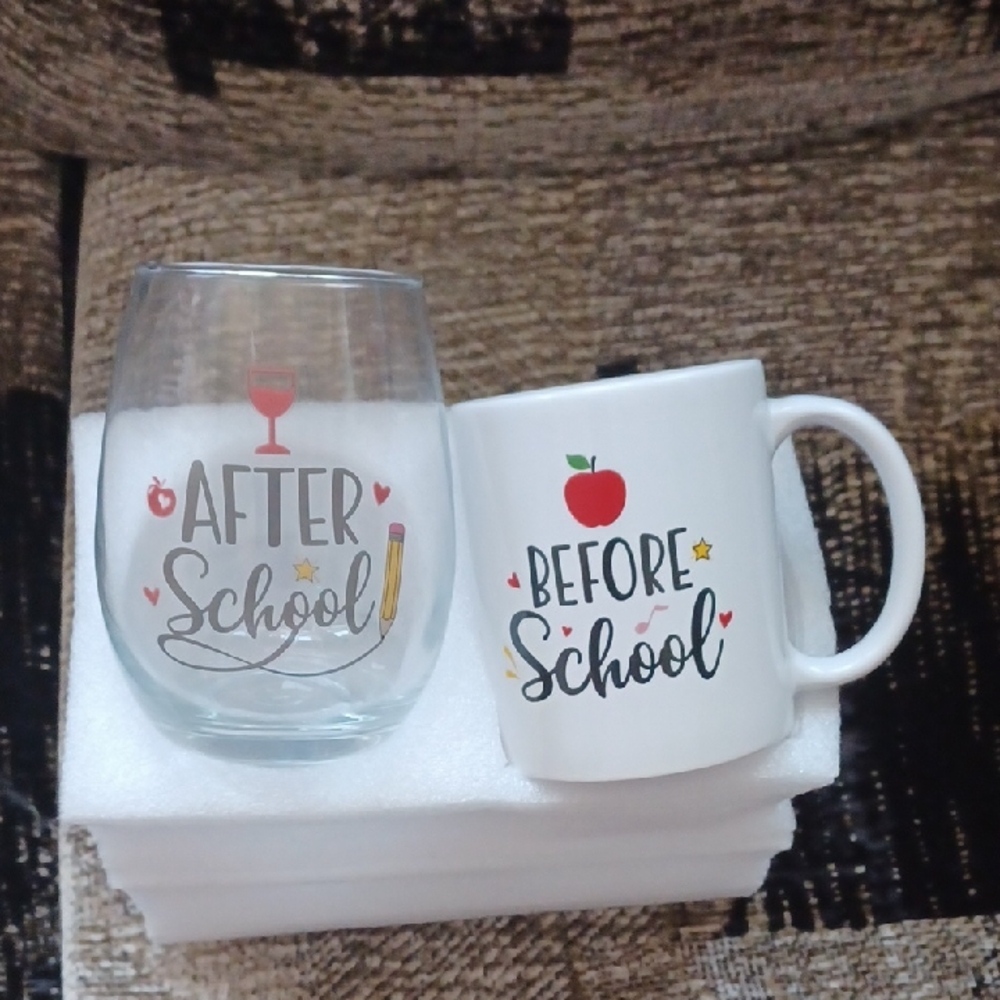4/$80 New Teacher After School Wine Glass & Before School Mug Set